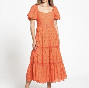 Just Me Short Sleeve Belted Eyelet Maxi Dress Size Medium‎ Coral Sweetheart Neck